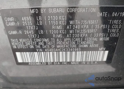 2019 Subaru Outback 2.5I Premium из США, поврежденный, VIN 4S4BSAHC2K3340965